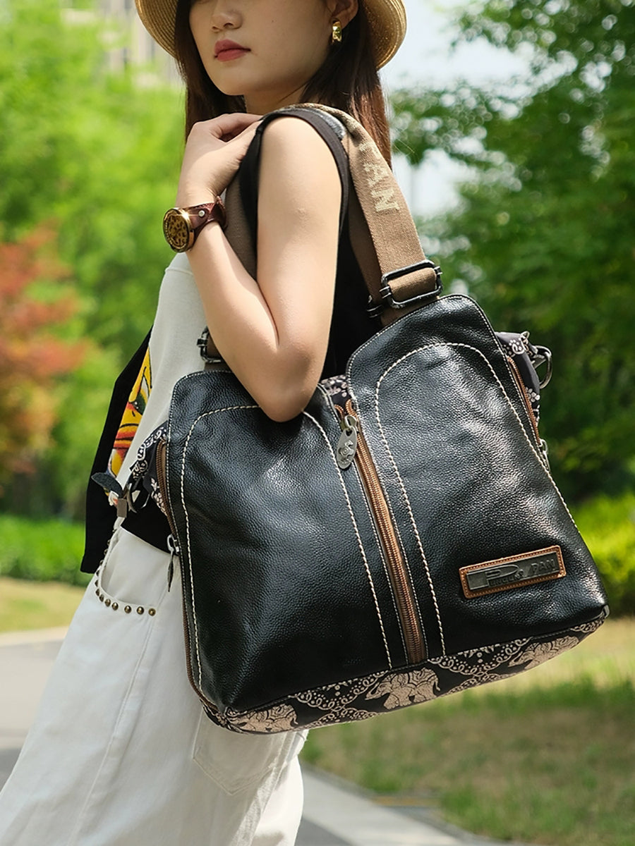 Vintage Leather Spliced Flower Shoulder Bag