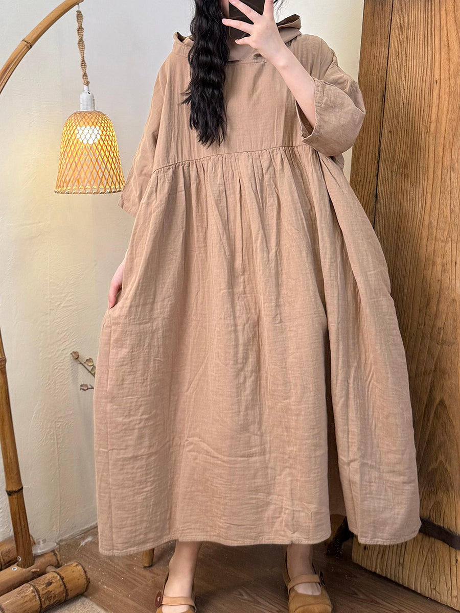 Women Summer Casual Pure Color Hooded Cotton Dress