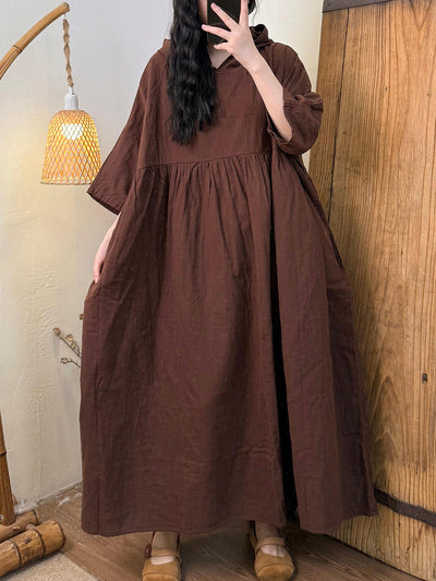 Women Summer Casual Pure Color Hooded Cotton Dress