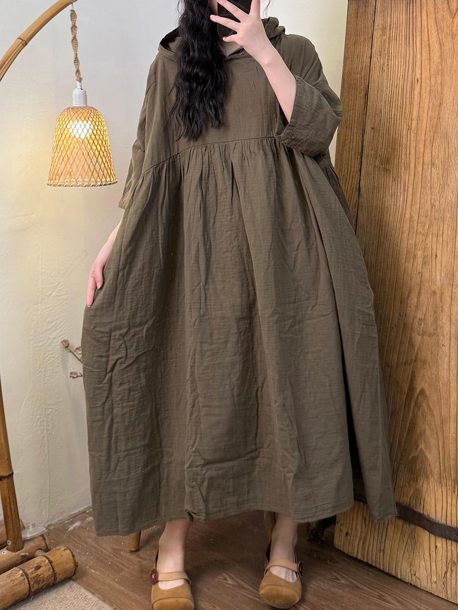 Women Summer Casual Pure Color Hooded Cotton Dress