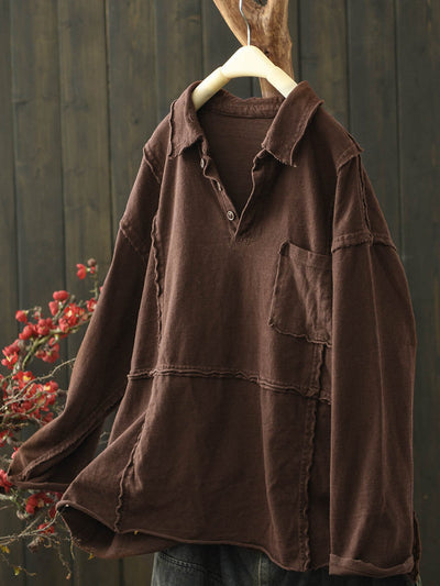 Women Retro Autumn Pure Color Half-open Cotton Shirt