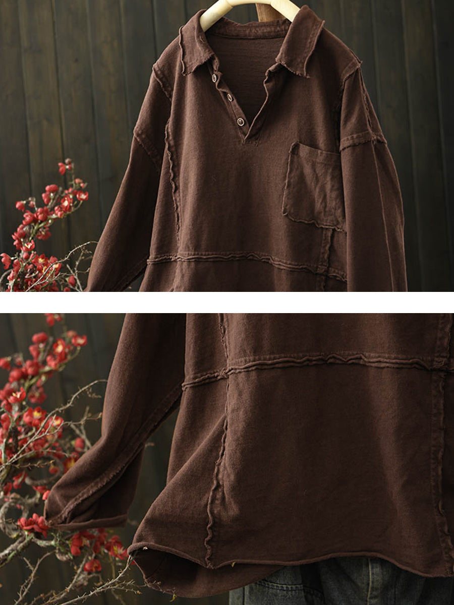 Women Retro Autumn Pure Color Half-open Cotton Shirt