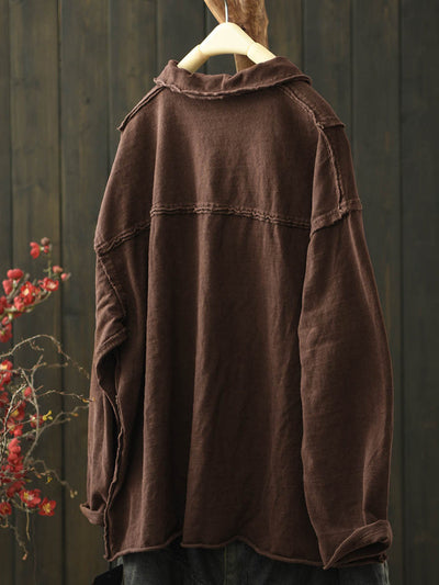 Women Retro Autumn Pure Color Half-open Cotton Shirt