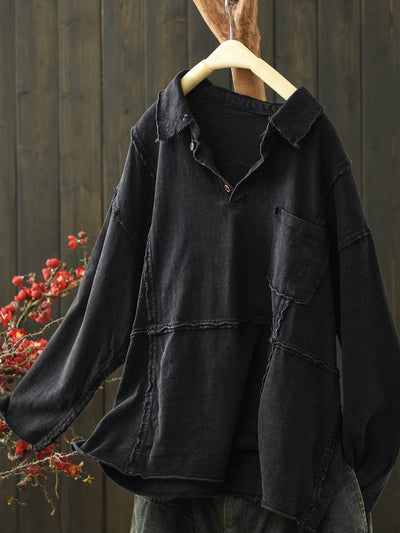 Women Retro Autumn Pure Color Half-open Cotton Shirt