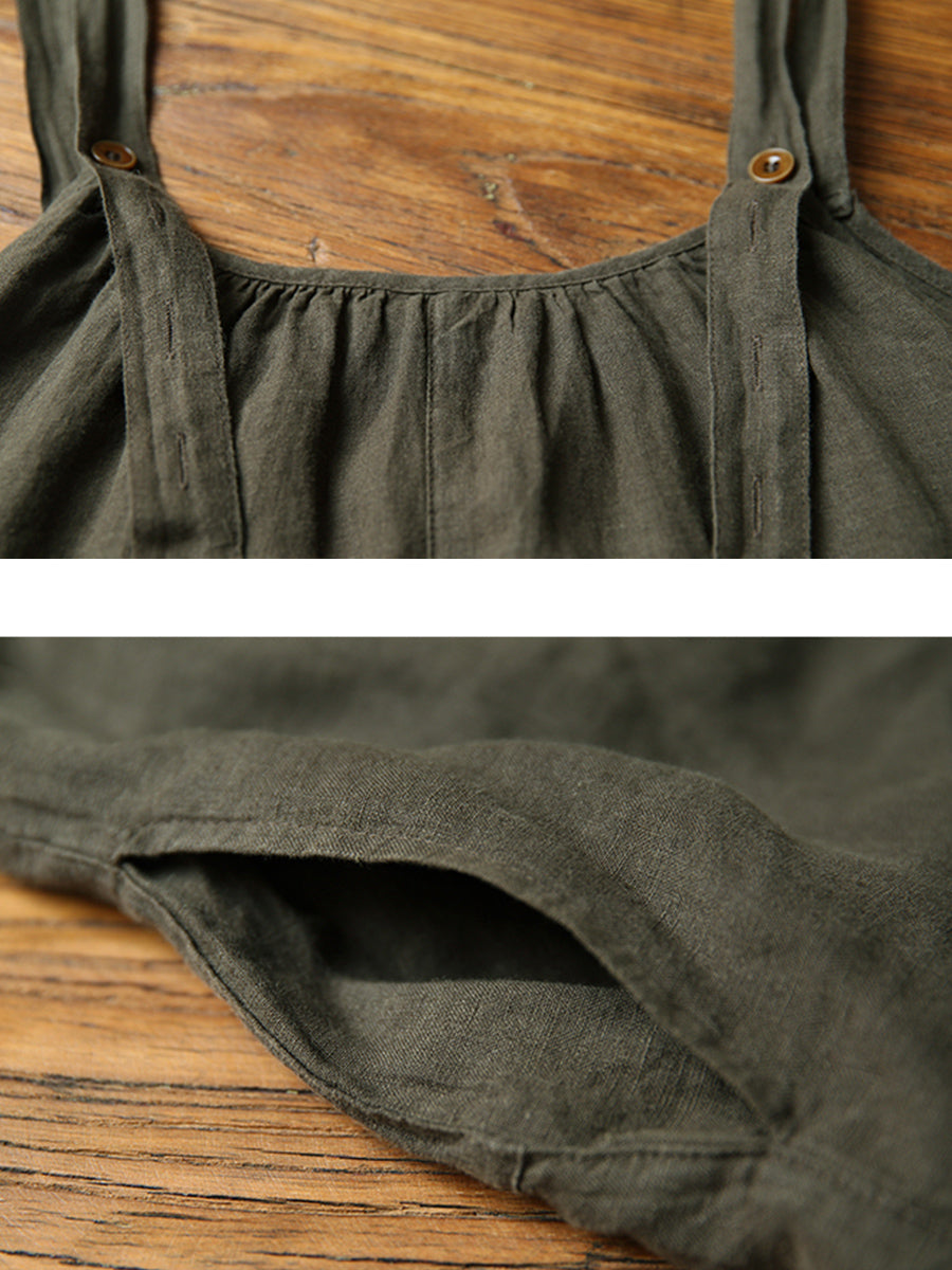 Plus Size Women Summer Retro Pure Color 100%Linen Jumpsuits