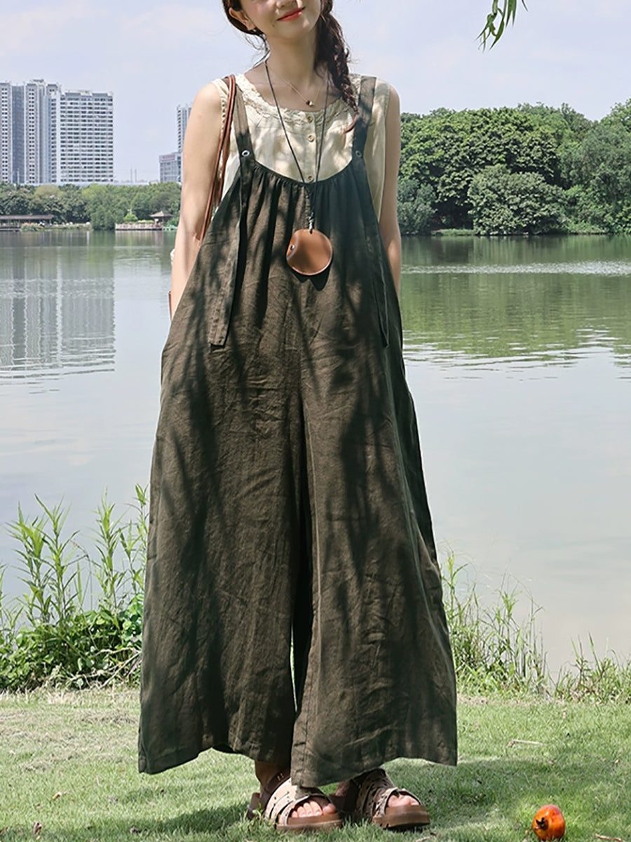 Plus Size Women Summer Retro Pure Color 100%Linen Jumpsuits