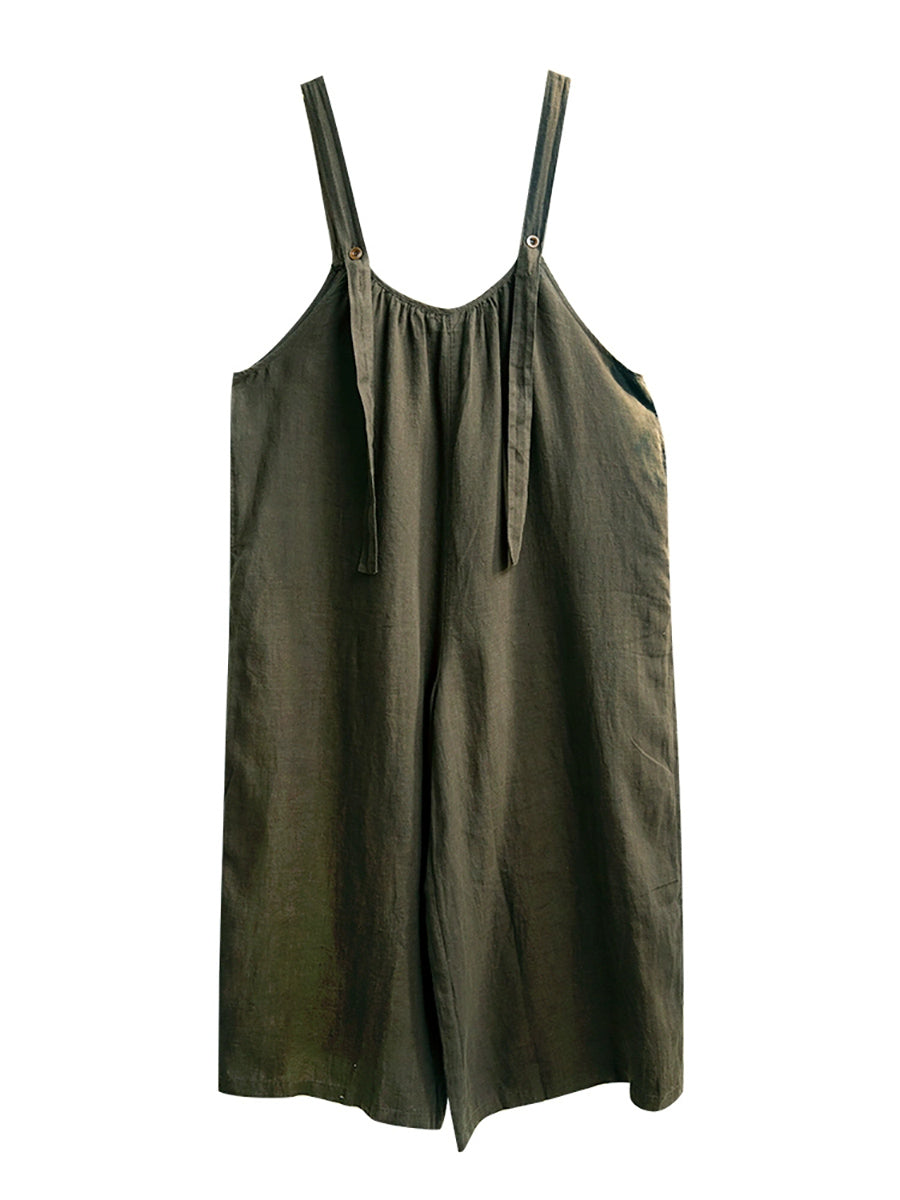 Plus Size Women Summer Retro Pure Color 100%Linen Jumpsuits