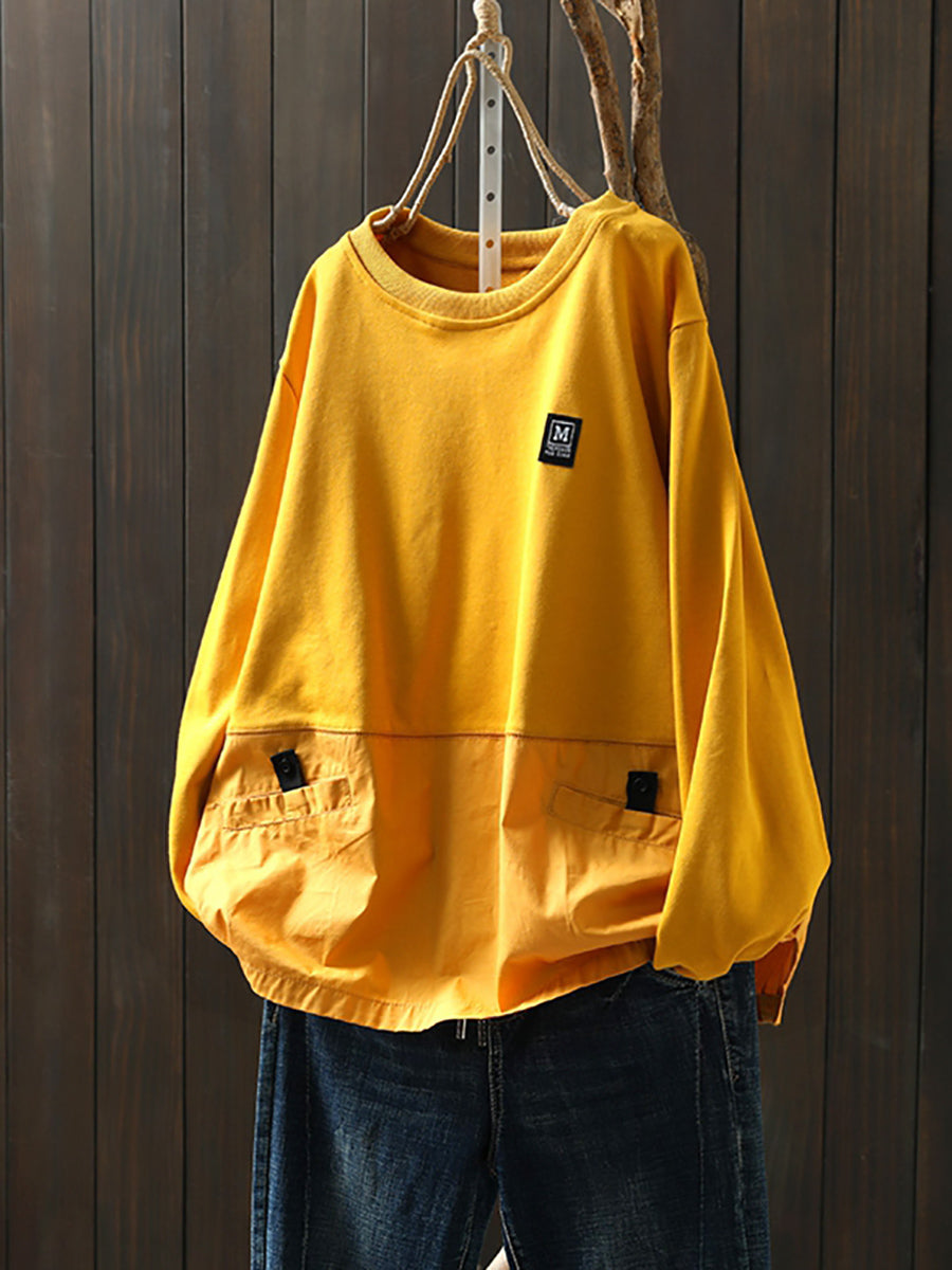 Women Autumn Pure Color Spliced O-Neck 100%Cotton Shirt