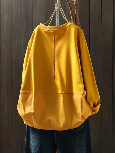 Women Autumn Pure Color Spliced O-Neck 100%Cotton Shirt