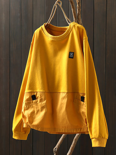 Women Autumn Pure Color Spliced O-Neck 100%Cotton Shirt