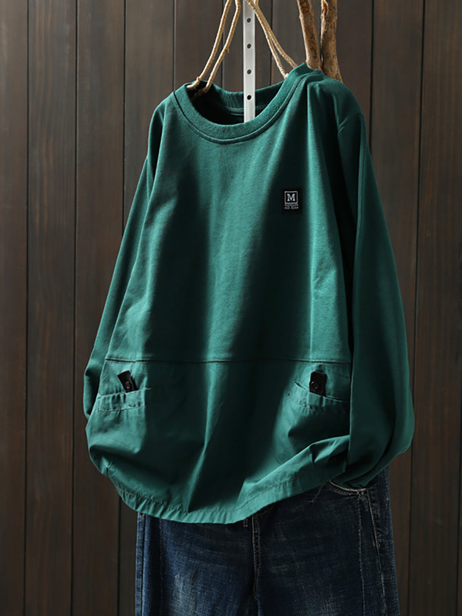 Women Autumn Pure Color Spliced O-Neck 100%Cotton Shirt