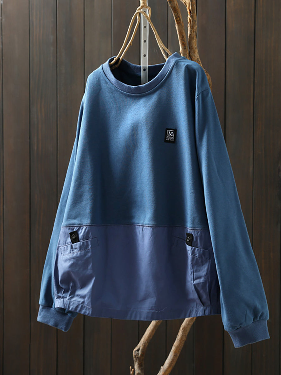 Women Autumn Pure Color Spliced O-Neck 100%Cotton Shirt