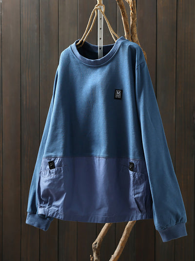 Women Autumn Pure Color Spliced O-Neck 100%Cotton Shirt