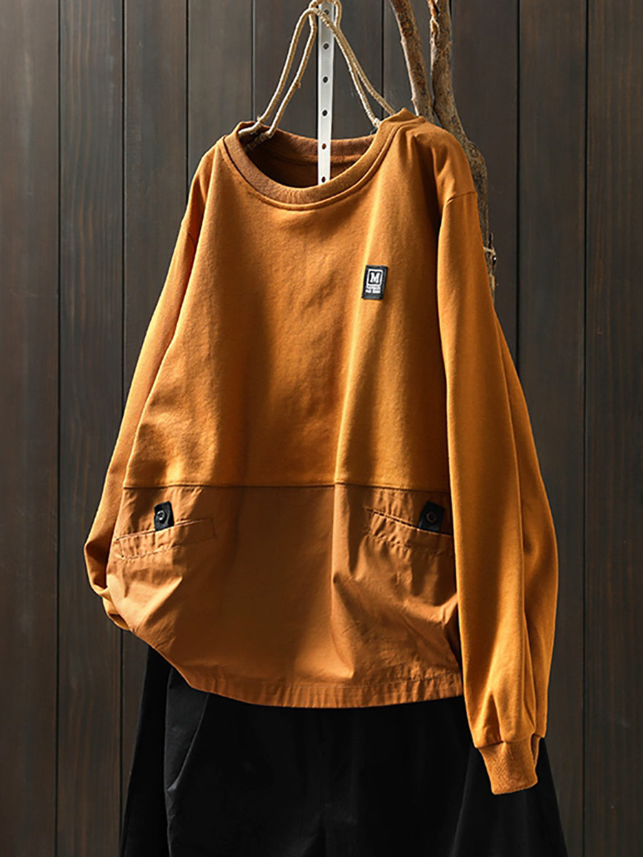 Women Autumn Pure Color Spliced O-Neck 100%Cotton Shirt