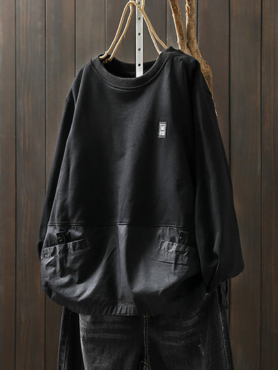 Women Autumn Pure Color Spliced O-Neck 100%Cotton Shirt