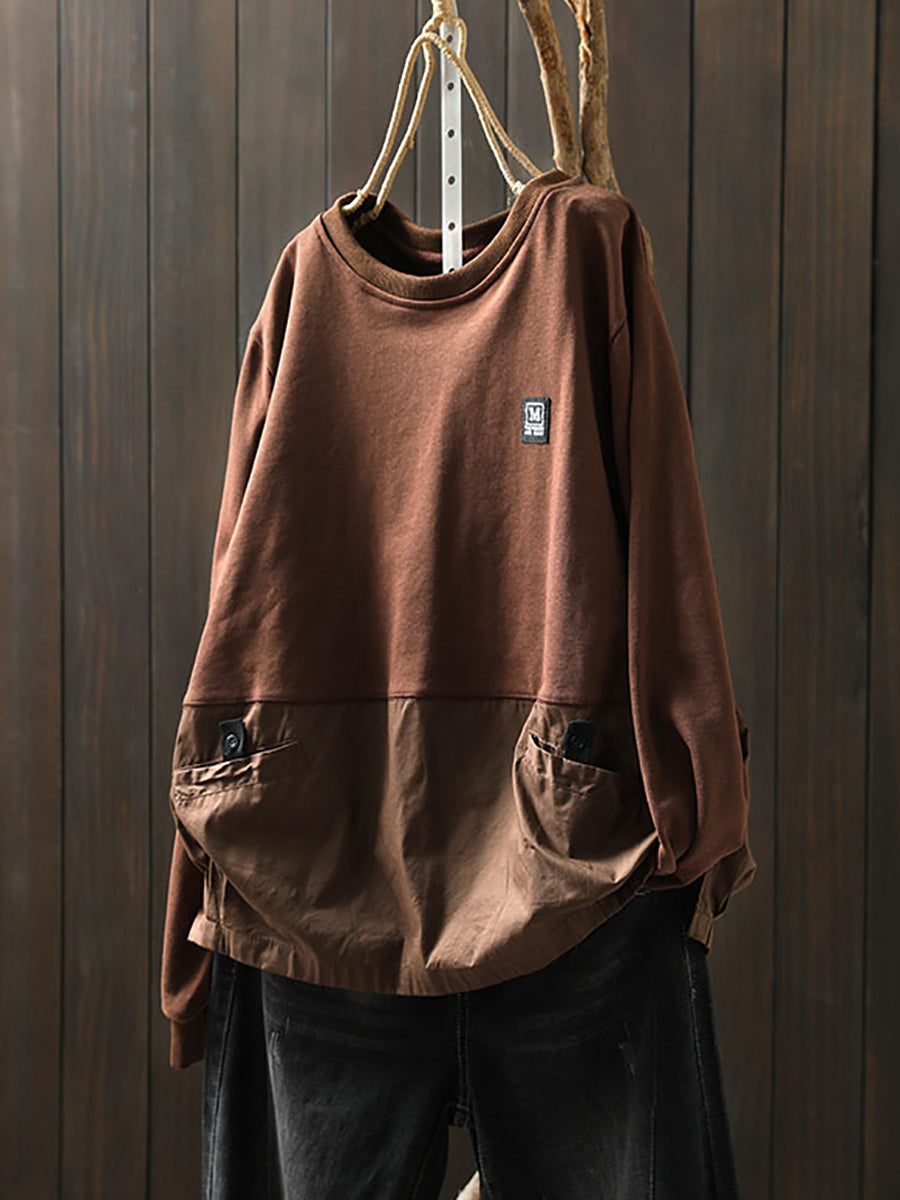 Women Autumn Pure Color Spliced O-Neck 100%Cotton Shirt