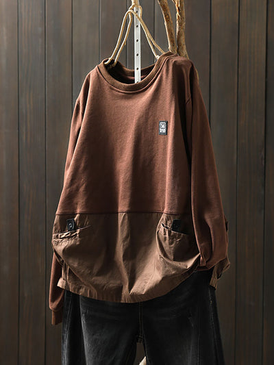 Women Autumn Pure Color Spliced O-Neck 100%Cotton Shirt