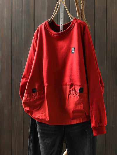 Women Autumn Pure Color Spliced O-Neck 100%Cotton Shirt