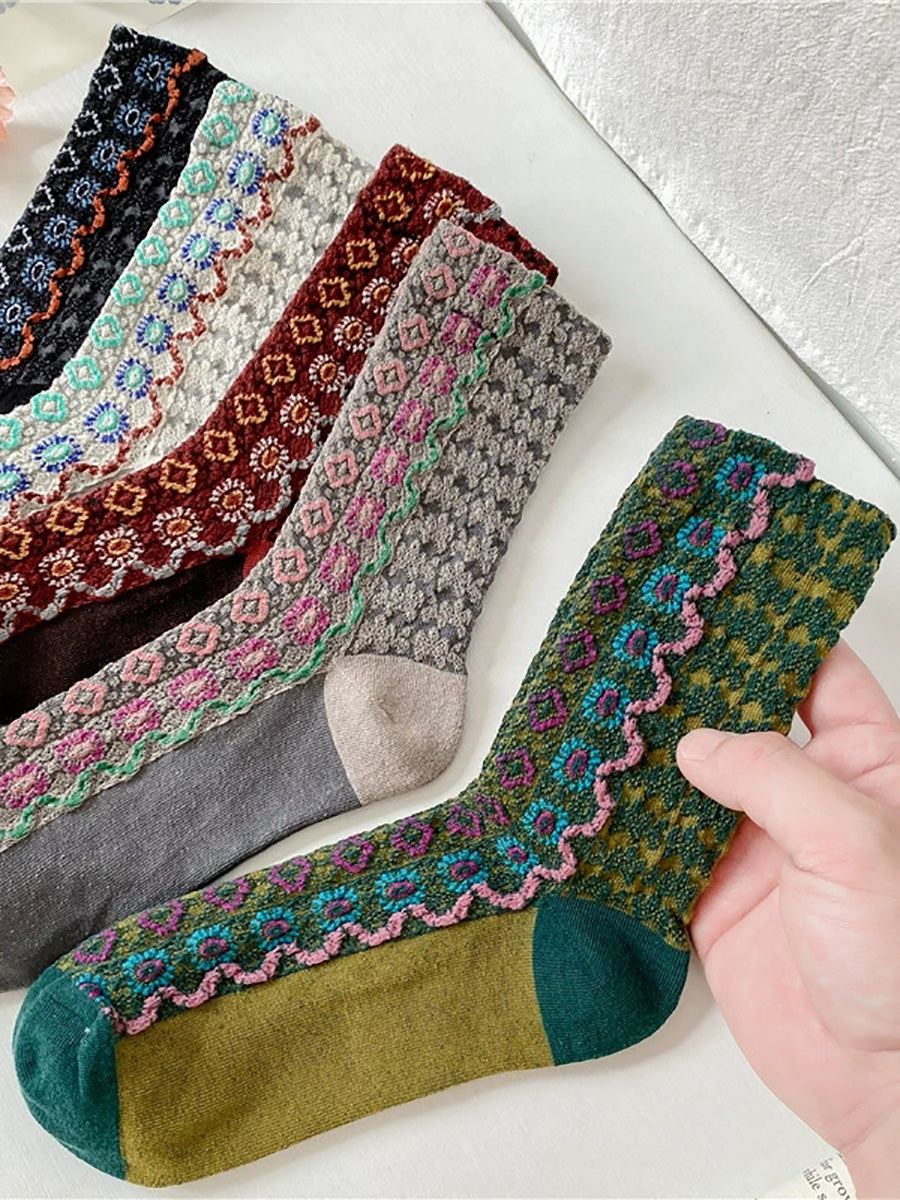 5 Pairs Women Autumn Flower Jacquard Mid Heel Socks