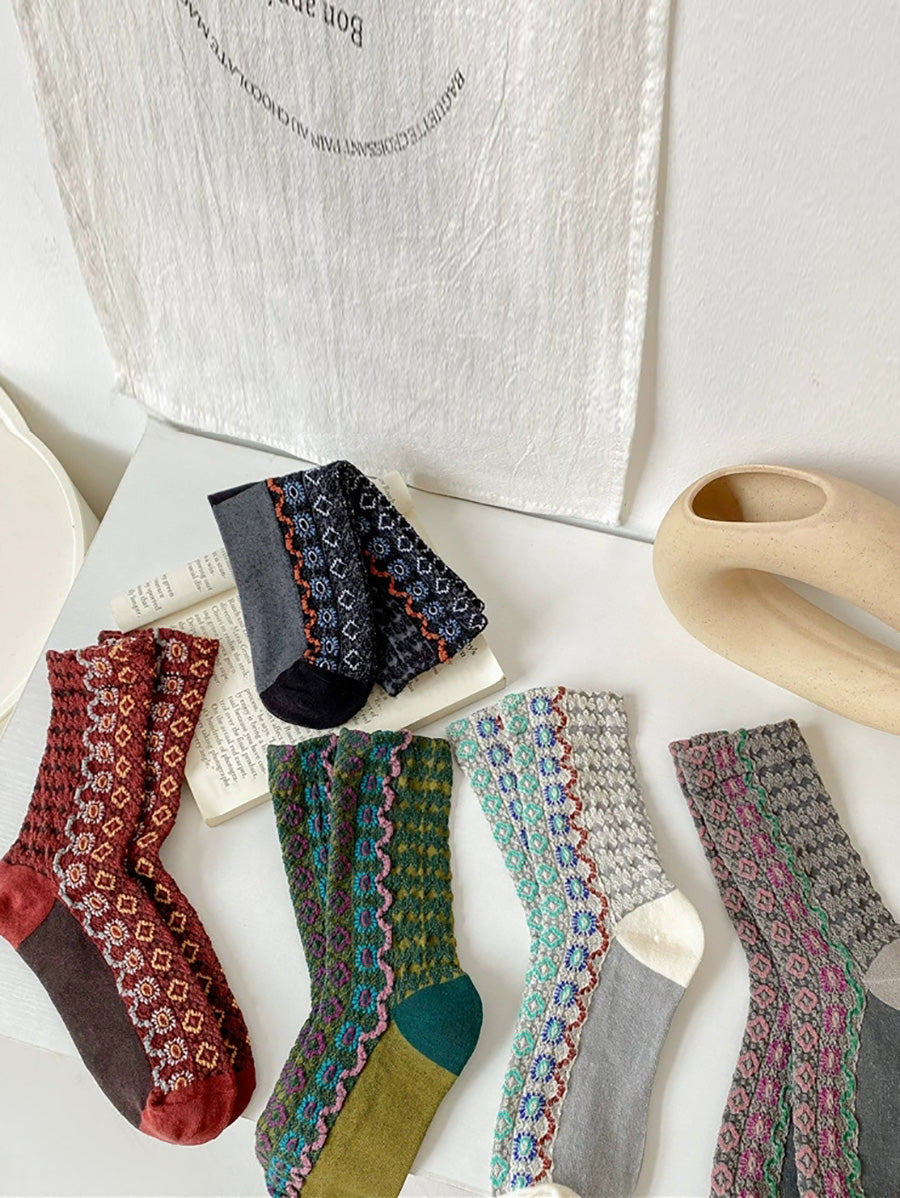 5 Pairs Women Autumn Flower Jacquard Mid Heel Socks