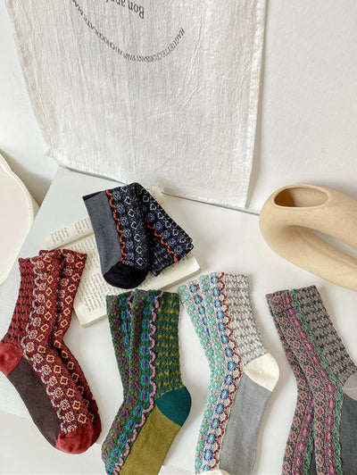 5 Pairs Women Autumn Flower Jacquard Mid Heel Socks