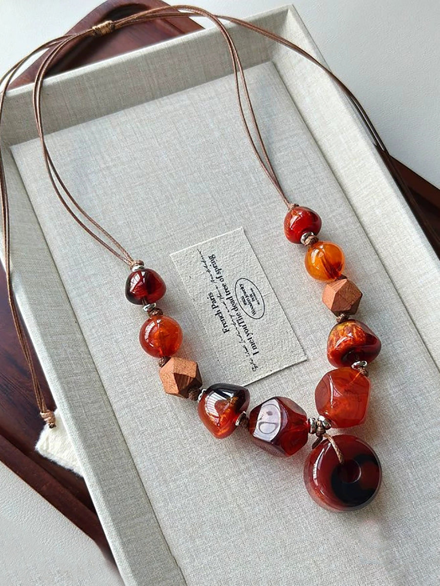 Women Ethnic Geometric Resin Weave Pandent Necklace