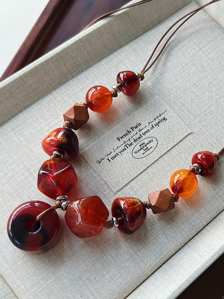 Women Ethnic Geometric Resin Weave Pandent Necklace