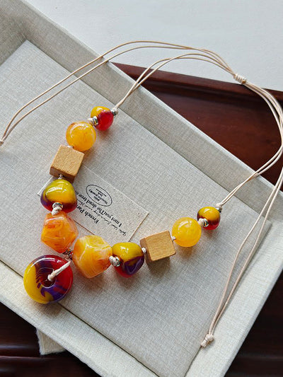 Women Ethnic Geometric Resin Weave Pandent Necklace