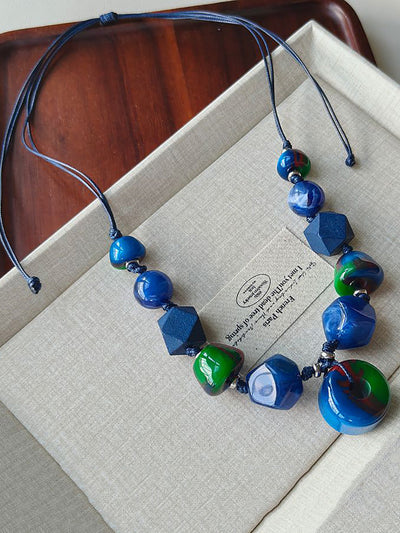 Women Ethnic Geometric Resin Weave Pandent Necklace