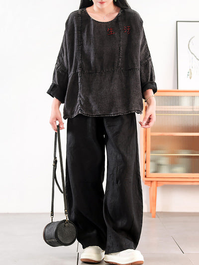 Women Summer Retro Embroidery O-Neck 100%Linen Shirt