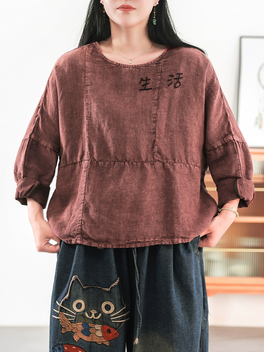 Women Summer Retro Embroidery O-Neck 100%Linen Shirt