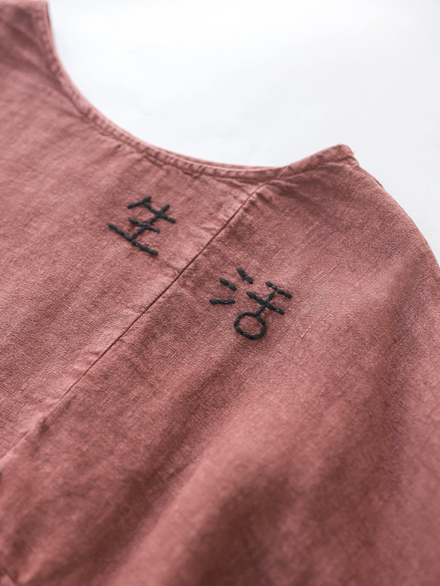 Women Summer Retro Embroidery O-Neck 100%Linen Shirt