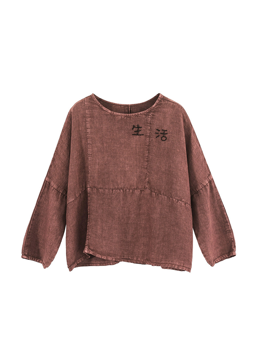 Women Summer Retro Embroidery O-Neck 100%Linen Shirt