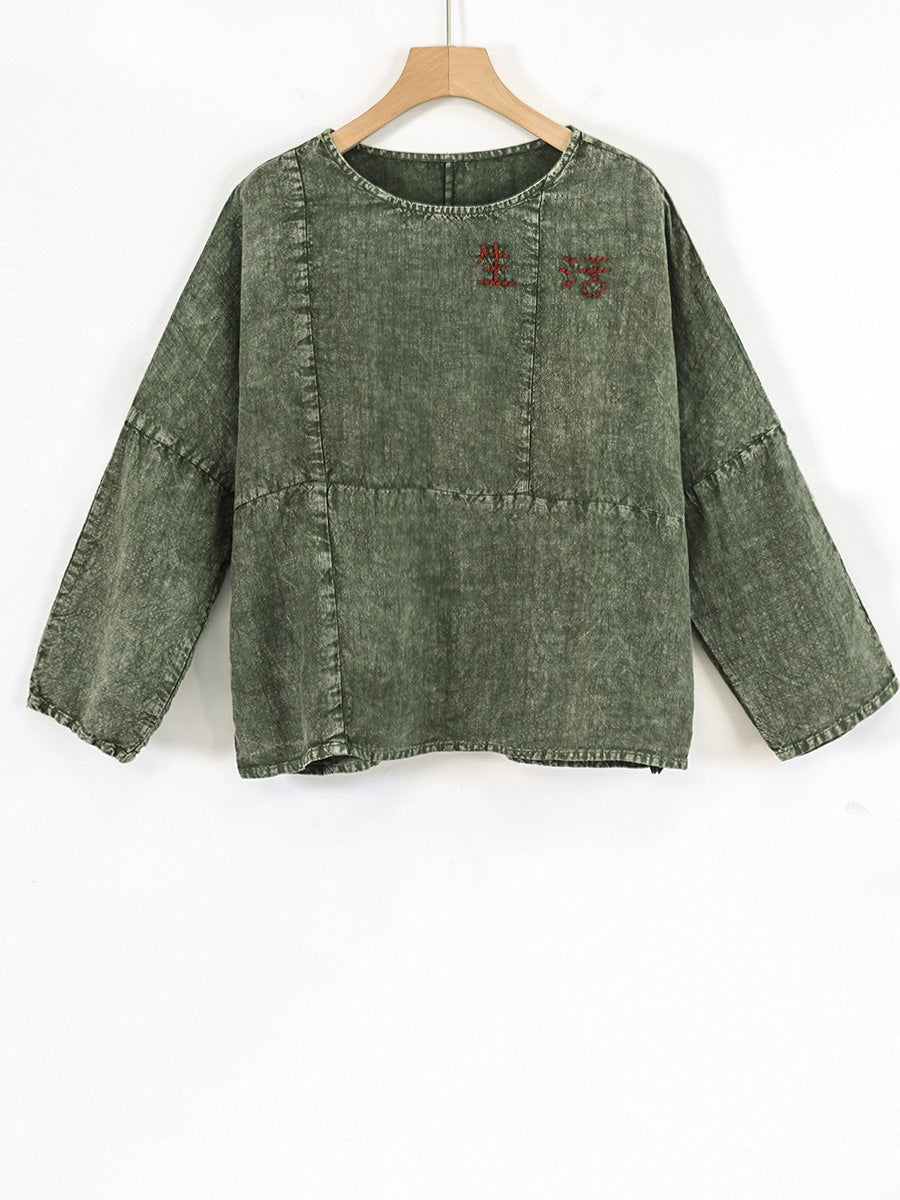 Women Summer Retro Embroidery O-Neck 100%Linen Shirt