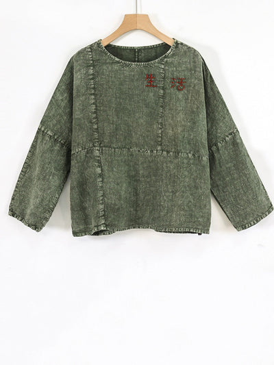 Women Summer Retro Embroidery O-Neck 100%Linen Shirt