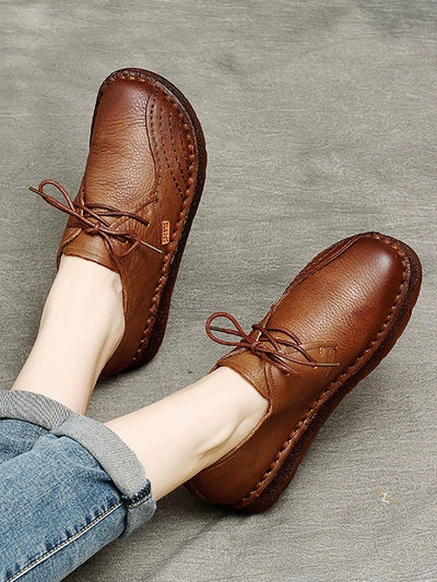 Women Summer Retro Genuine Leather Spliced Flat Shoes