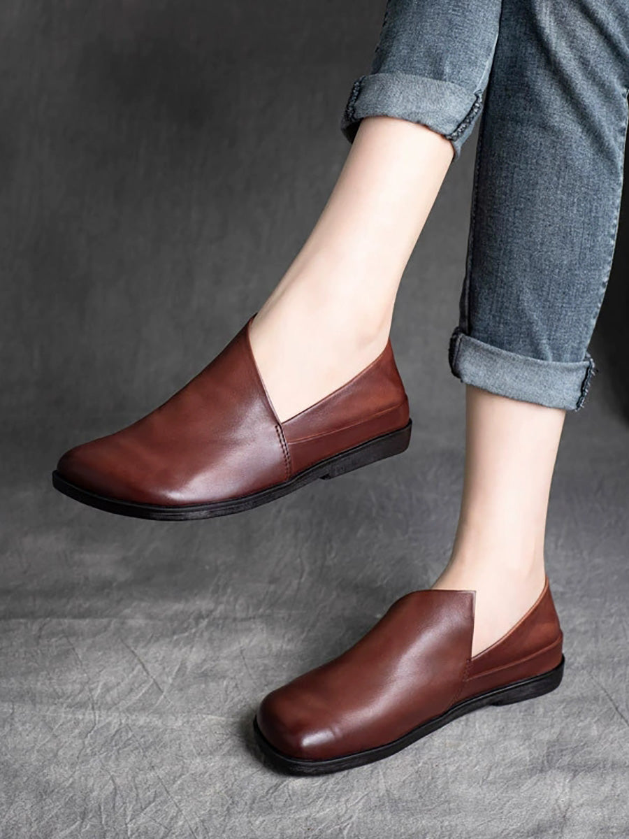 Women Casual Genuine Leather Pure Color Flat Shoes