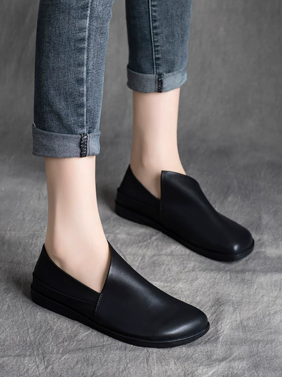 Women Casual Genuine Leather Pure Color Flat Shoes