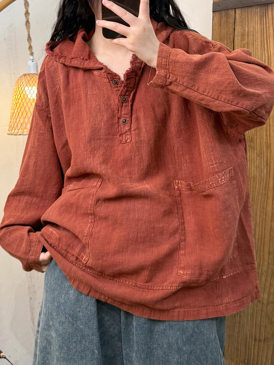 Women Autumn Vintage Pure Color Hooded Linen Shirt