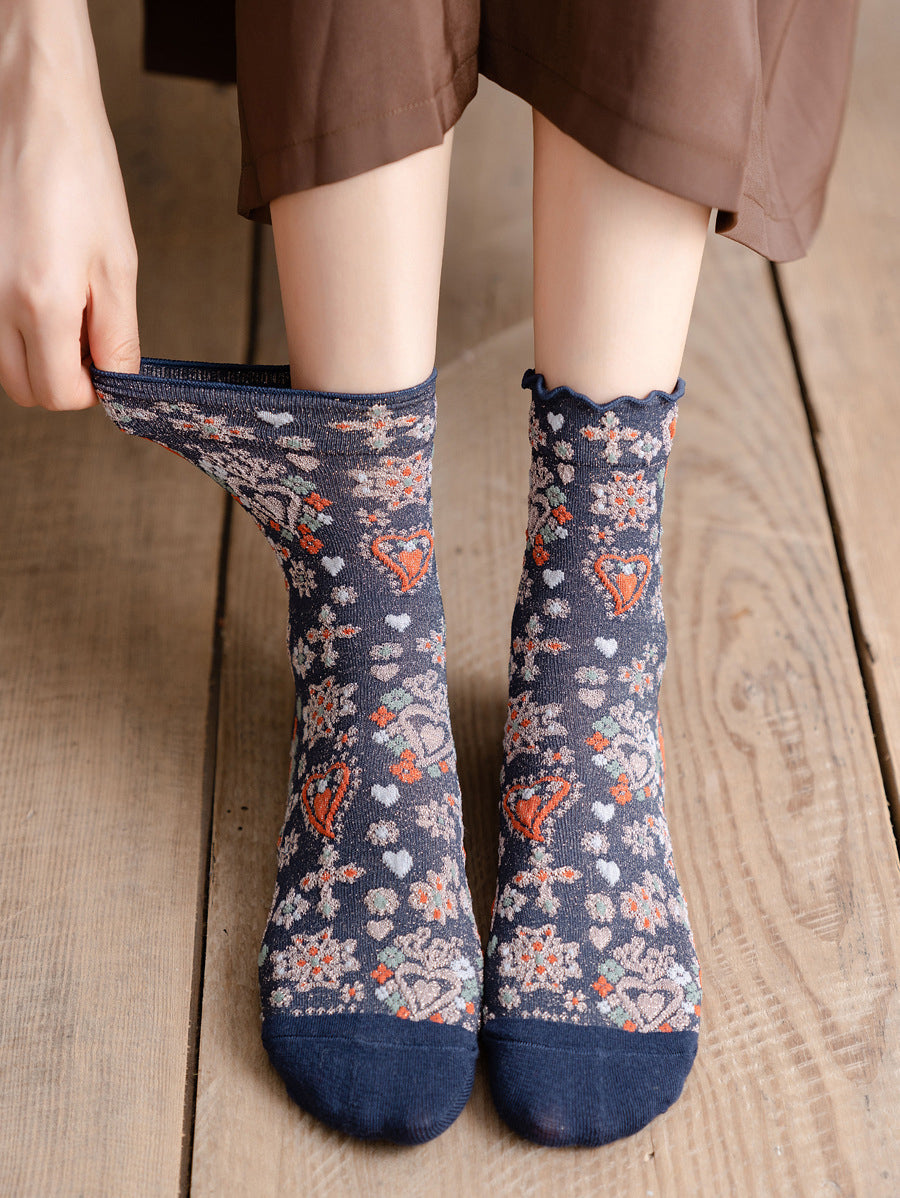 5 Pairs Women Vintage Heart Jacquard Mid Heel Socks