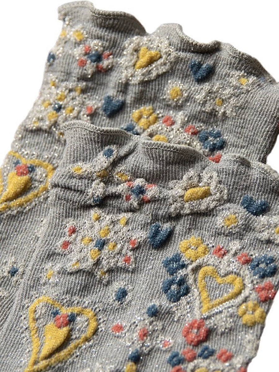 5 Pairs Women Vintage Heart Jacquard Mid Heel Socks