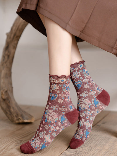 5 Pairs Women Vintage Heart Jacquard Mid Heel Socks