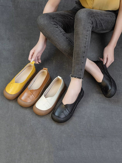 Women Casual Pure Color Genuine Leather Flat Shoes