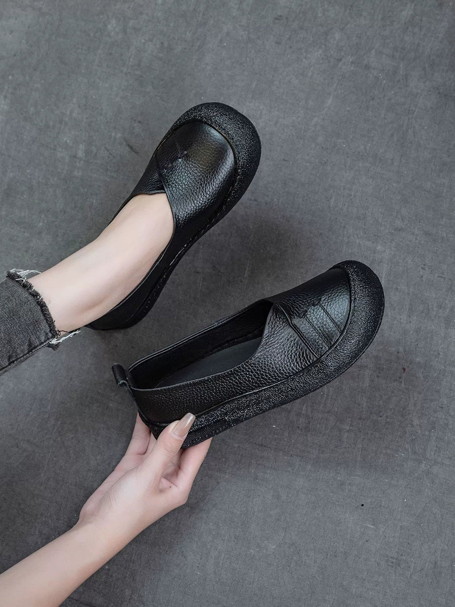 Women Casual Pure Color Genuine Leather Flat Shoes