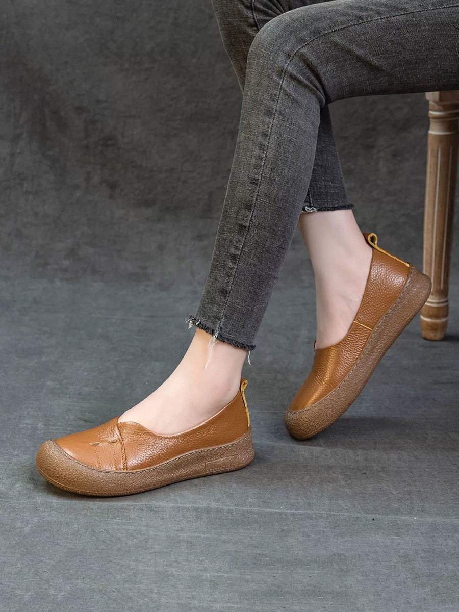 Women Casual Pure Color Genuine Leather Flat Shoes