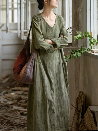 Women Summer Retro Pure Color V-Neck Ramie Dress