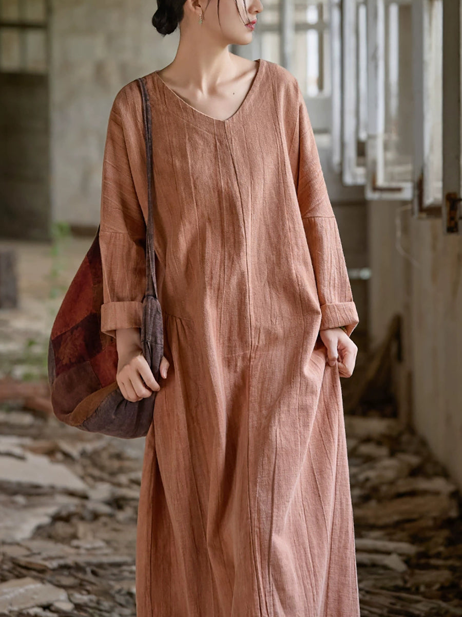 Women Summer Retro Pure Color V-Neck Ramie Dress