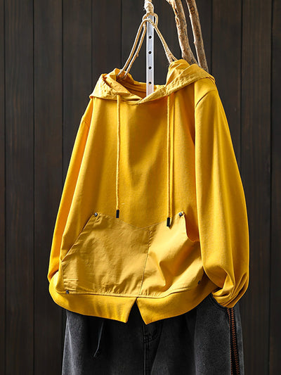 Women Retro Autumn Pure Color 100%Cotton Hoodie