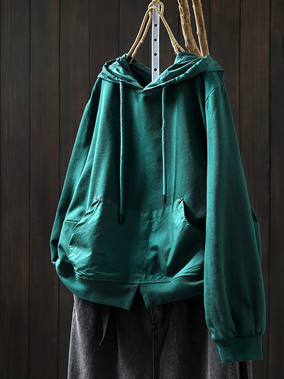 Women Retro Autumn Pure Color 100%Cotton Hoodie