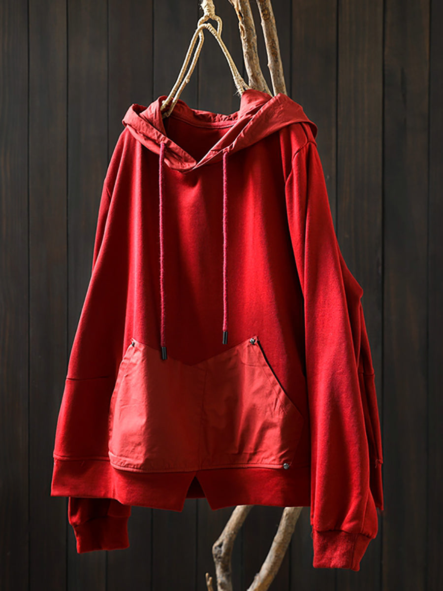 Women Retro Autumn Pure Color 100%Cotton Hoodie